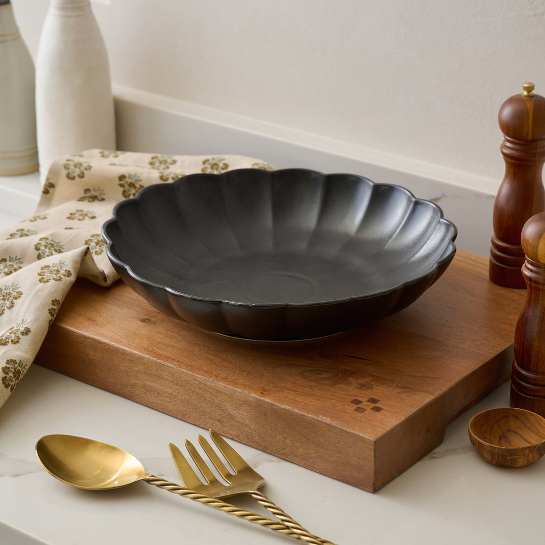 Oversized Black Scalloped Serving Bowl