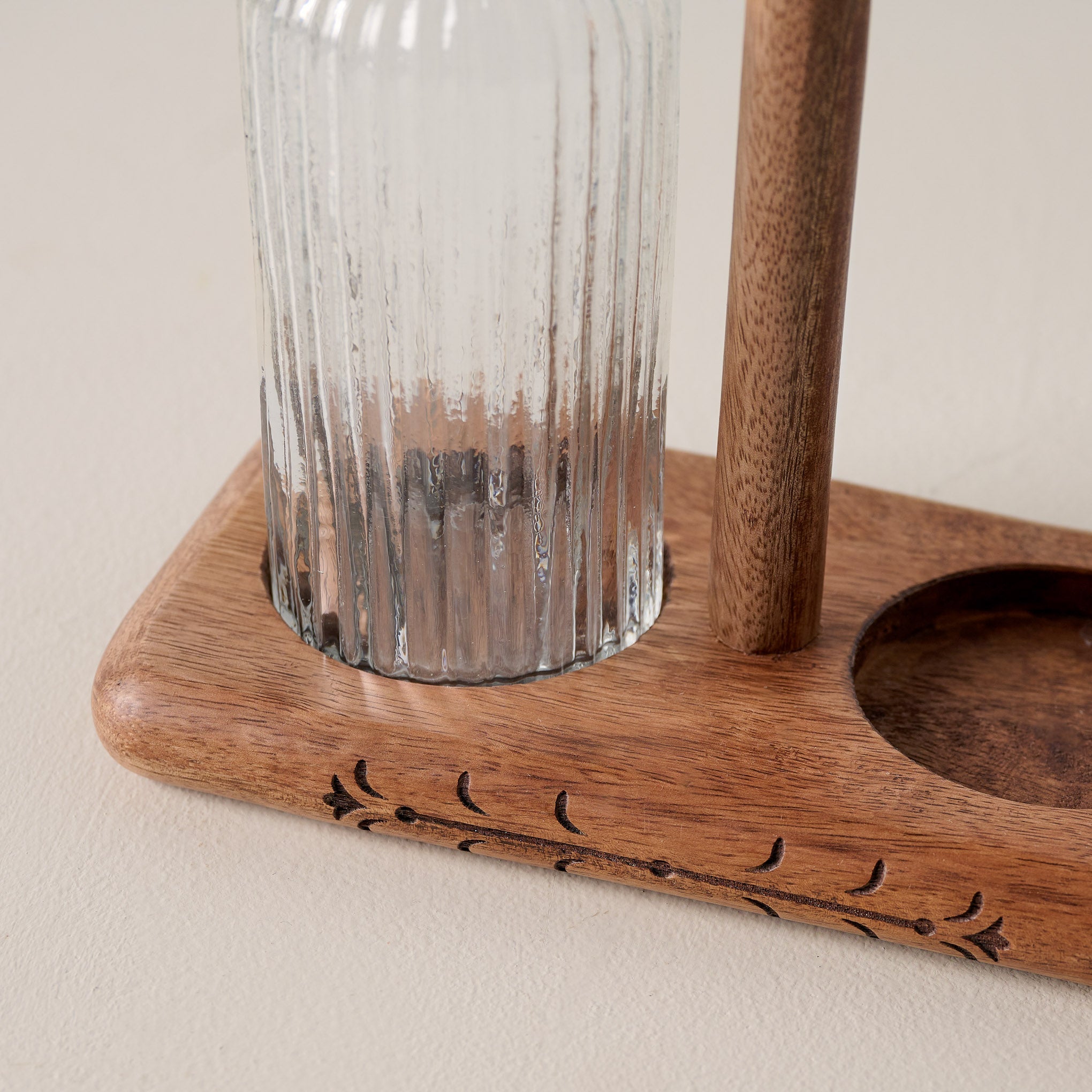 Antiqued Wood Ribbed Glass Oil & Vinegar Set