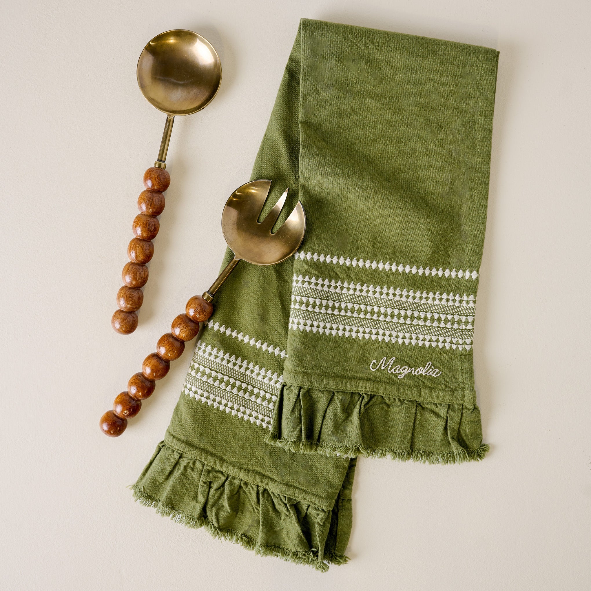 Antique Brass and Beaded Wood Serving Set