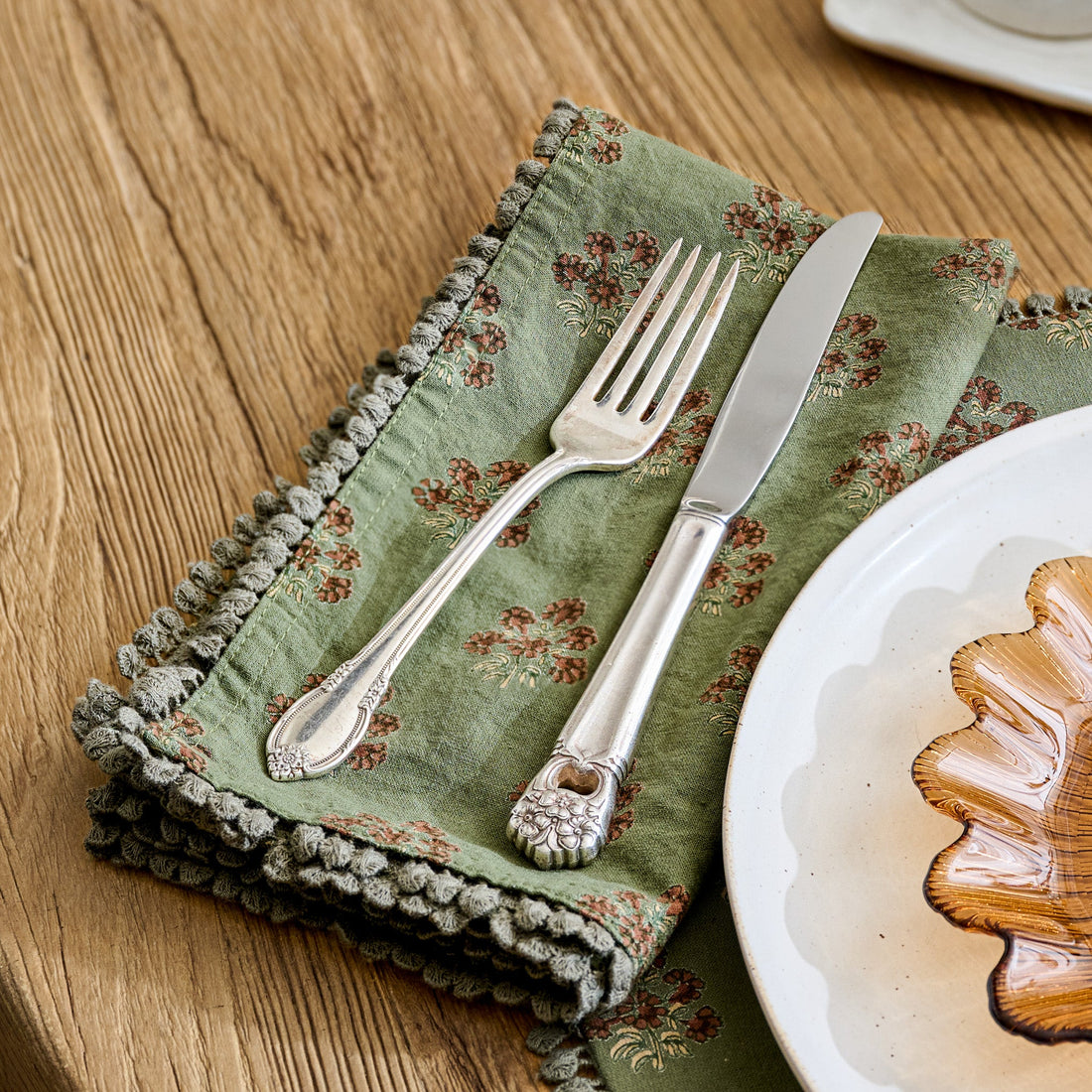 Magnolia Olive Green Block Printed Napkin Set of Four